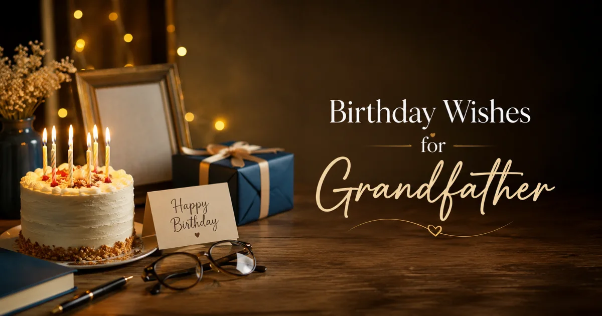 Birthday wishes for grandfather with a card, cake, gifts, and warm family decorations