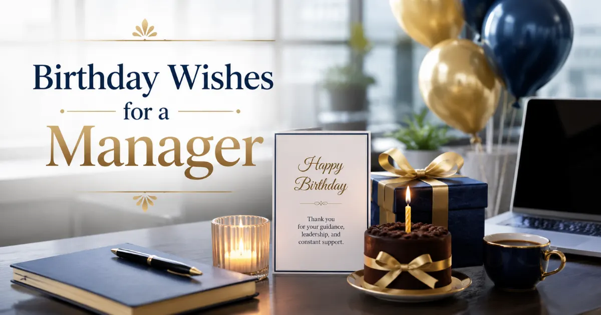 Professional birthday wishes for a manager with a greeting card, cake and elegant office decorations