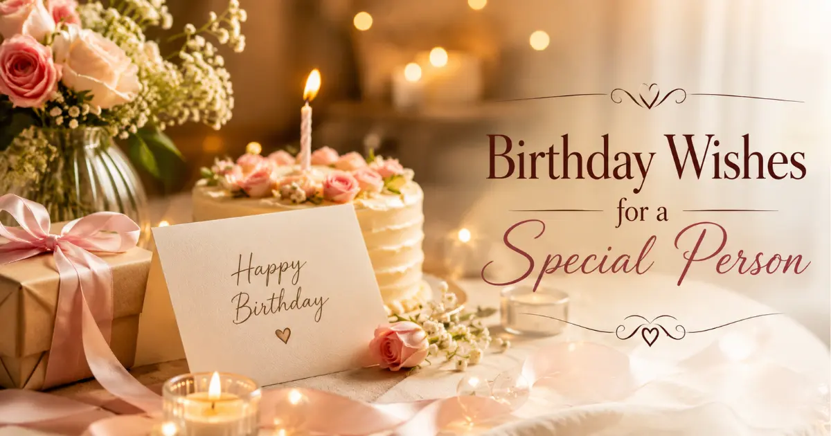 Heart-touching birthday wishes for a special person with a greeting card, birthday cake, flowers, and warm decorations