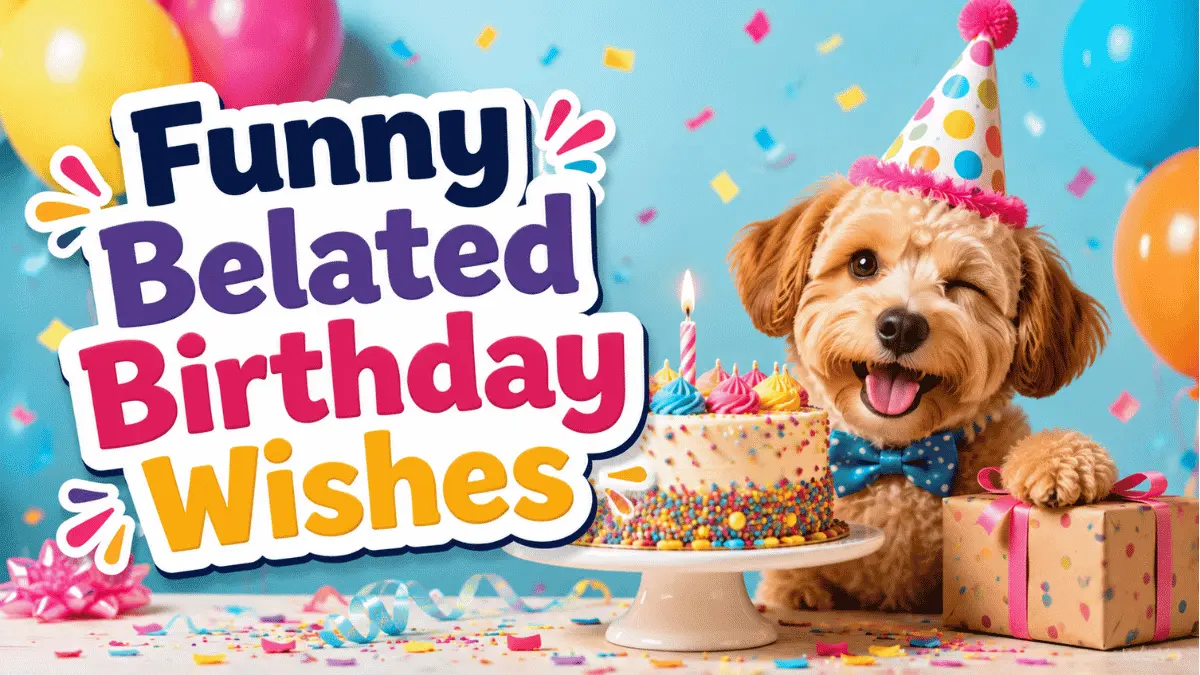 Funny belated birthday wishes with cheerful cake and late birthday message