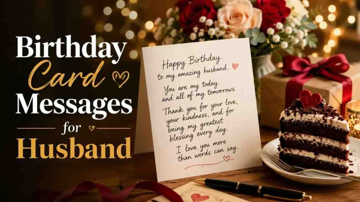 Birthday card message for husband with handwritten note and cake