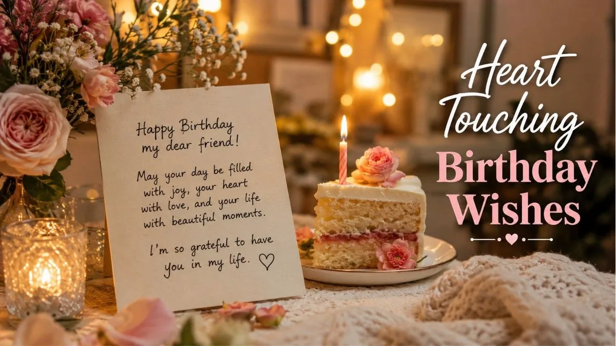 Heart touching birthday wishes for a friend with warm lights, greeting card, flowers, and emotional celebration mood