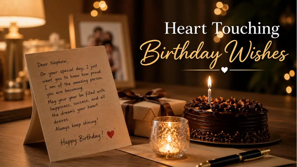 Heart touching birthday wishes for nephew with greeting card and birthday cake.