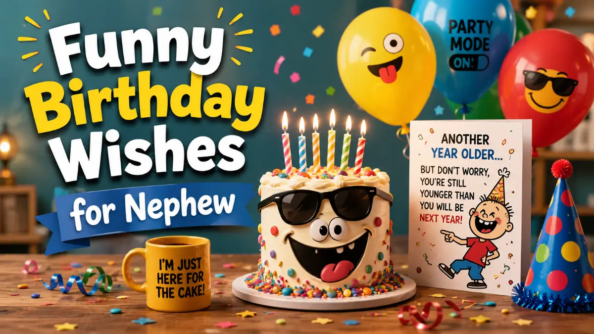 Funny birthday wishes for nephew with playful birthday cake and balloons.