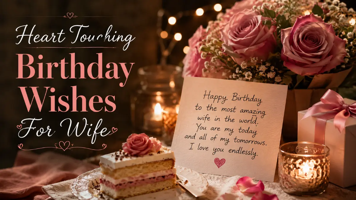 Heart touching birthday wishes for wife with emotional handwritten card, flowers, and soft candlelight.
