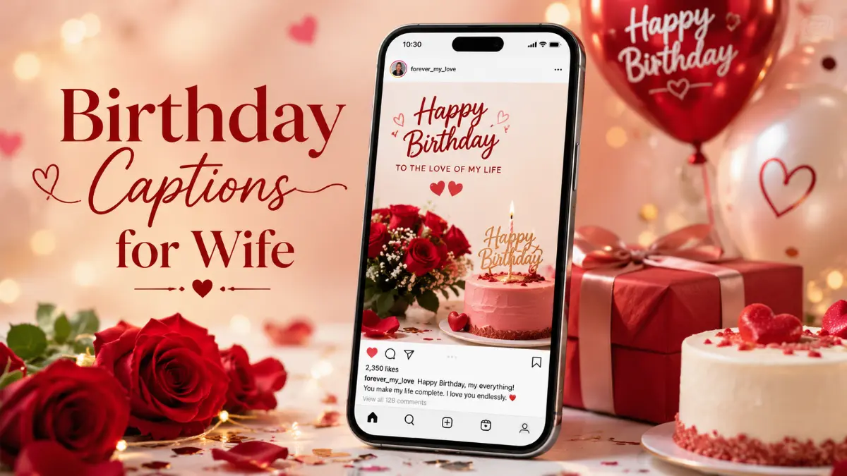 Birthday captions for wife with phone birthday post, roses, cake, balloons, and romantic background.