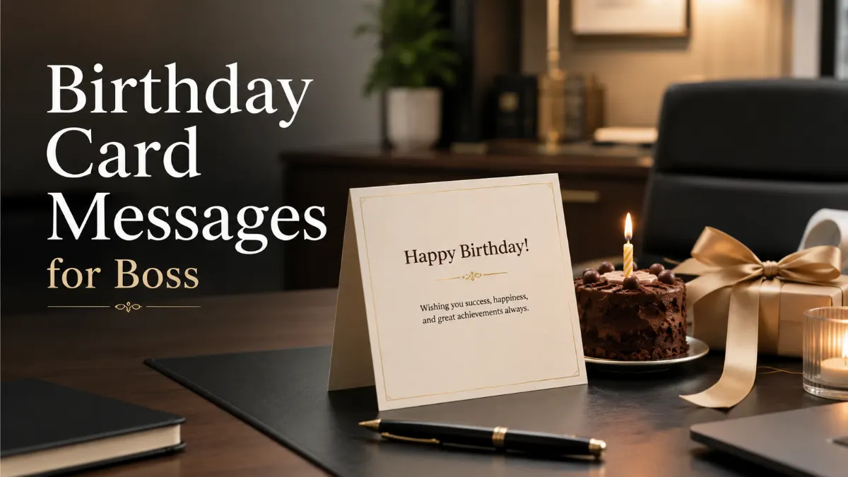 Birthday card messages for boss with elegant greeting card, pen, cake, and office desk