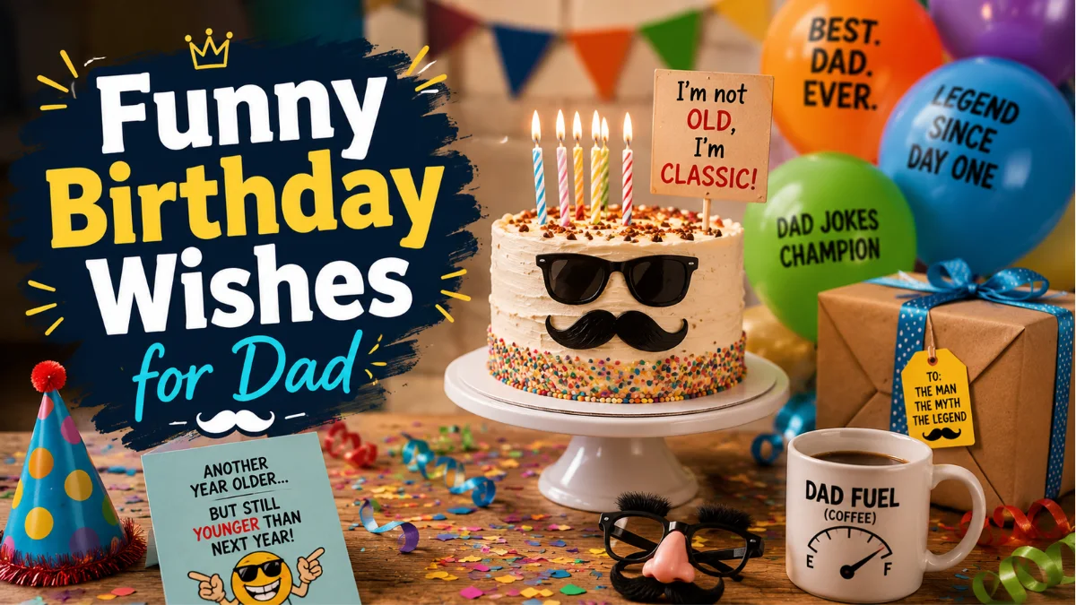 Funny birthday wishes for dad with playful cake and party decorations