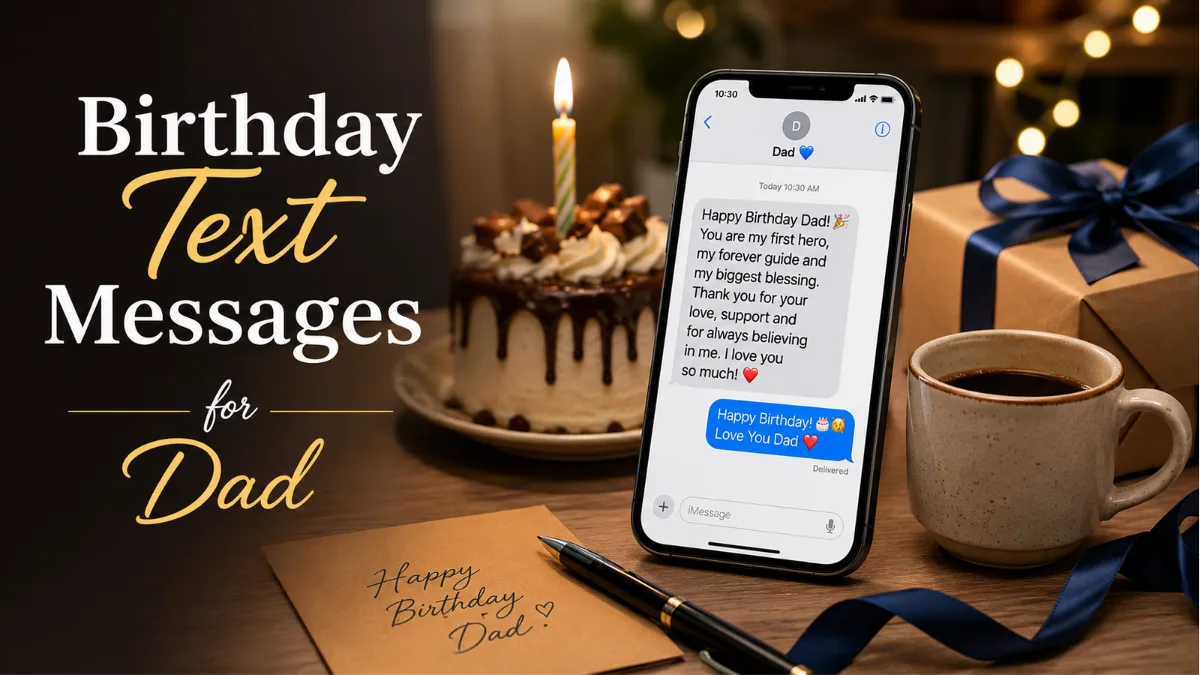 Smartphone showing birthday text message for dad with cake and flowers