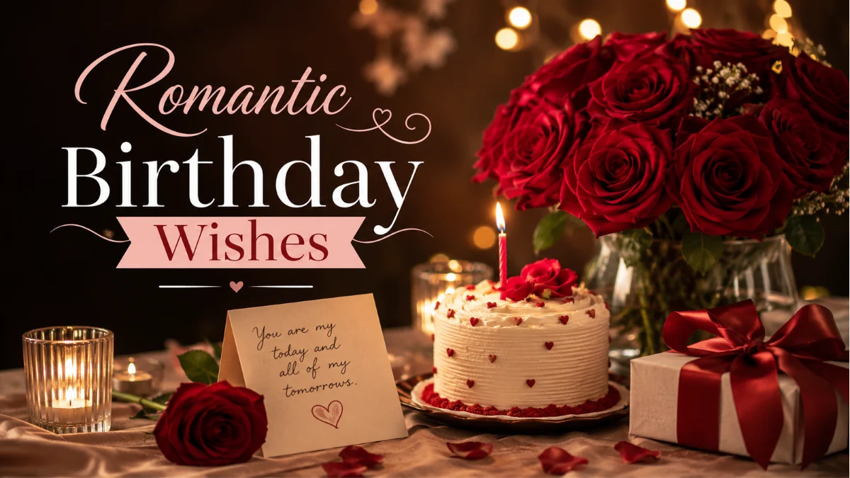 Romantic birthday wishes for girlfriend with roses, card, and candles
Overlay Text: Romantic Birthday Wishes