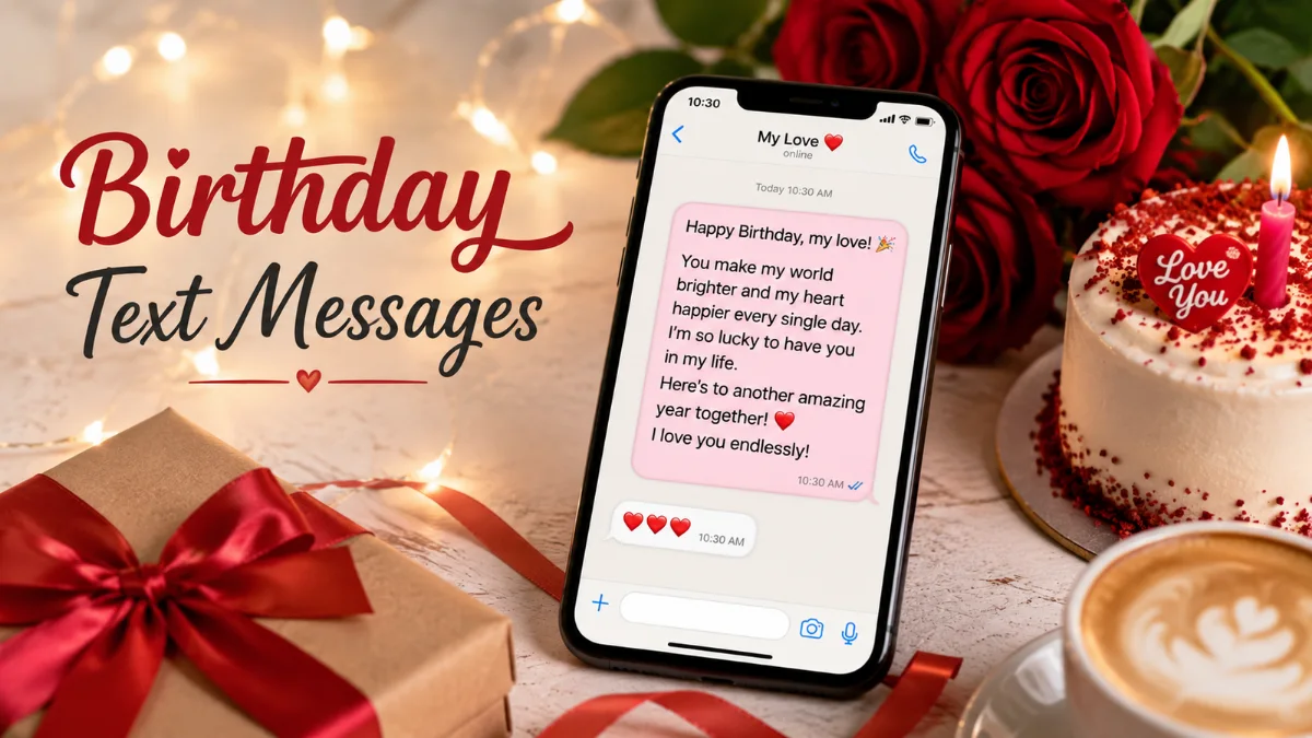 Birthday text messages for boyfriend shown on smartphone with cake, roses, and gift ribbon.
