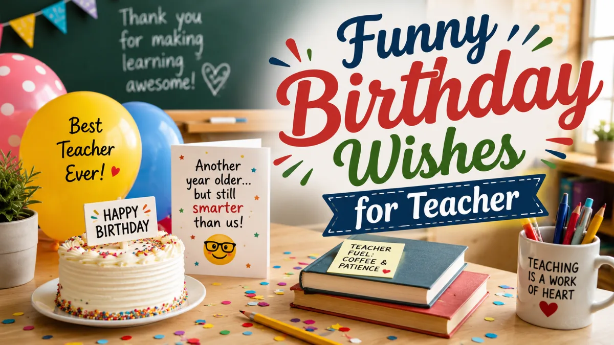 Funny birthday wishes for teacher with playful classroom desk, cake, balloons, books, and greeting card.