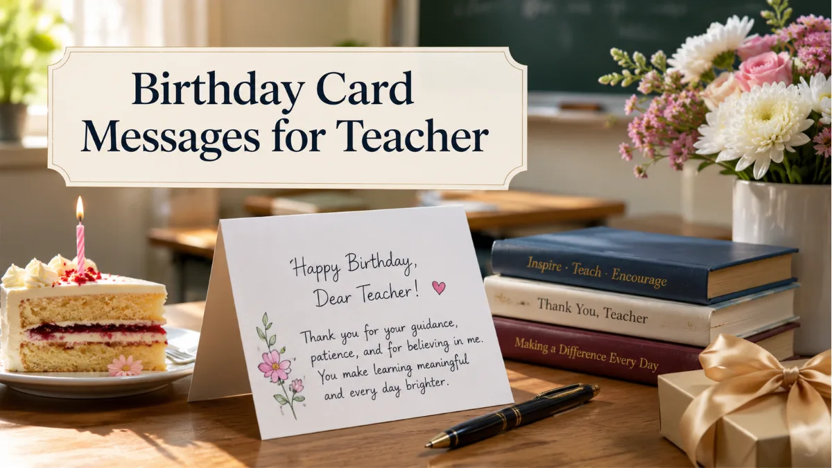 Birthday card messages for teacher with handwritten card, pen, books, flowers, and soft warm lighting.
