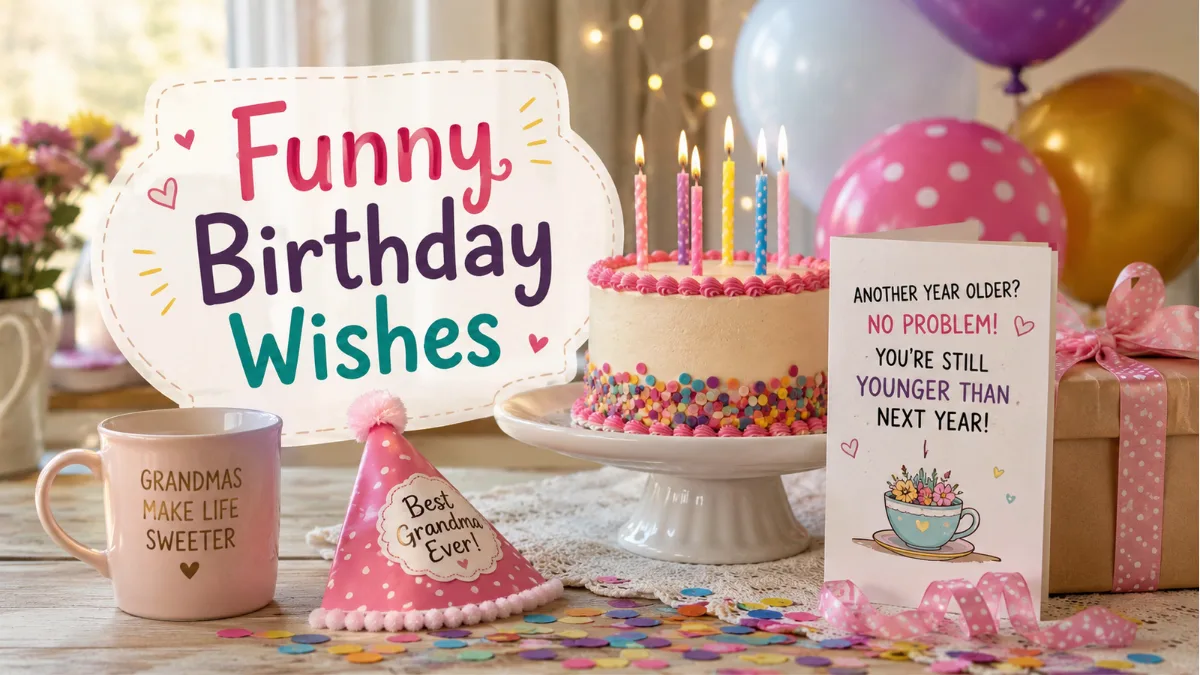 Funny birthday wishes for grandmother with a cheerful cake, balloons, confetti, and a playful birthday card.