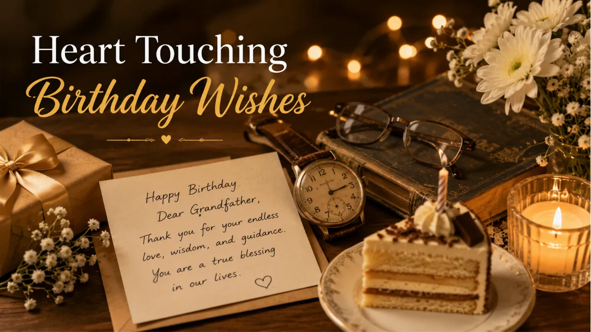 Heart touching birthday wishes for grandfather with a handwritten card, candle, flowers, and reading glasses