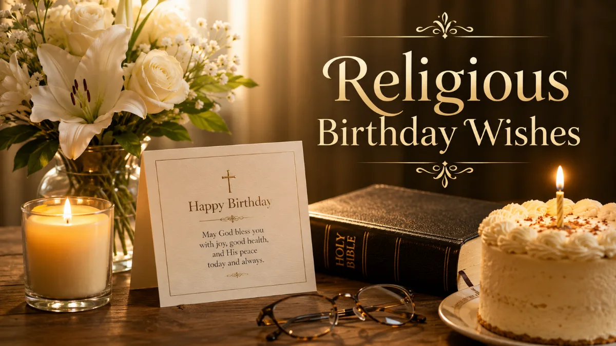 Religious birthday wishes for grandfather with a Bible, birthday card, flowers, candle, and cake