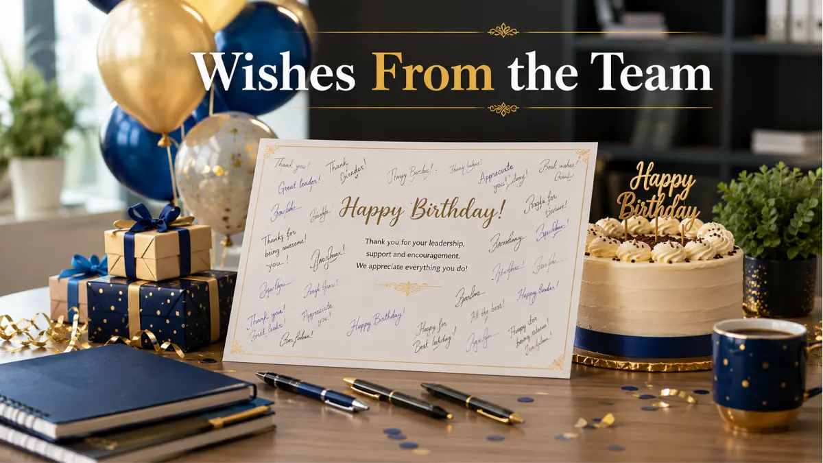 Birthday wishes for a manager from the team with group card, cake, and office decorations