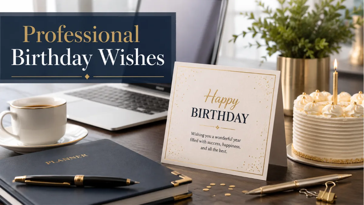 Professional employee birthday wishes with office greeting card and cake